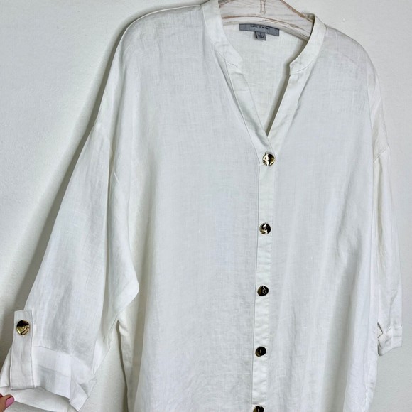 Marc New York Womens Large White Linen Tunic Gold Button Front Up Top - Picture 2 of 5